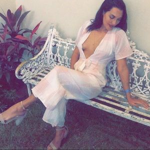 Deep V pink and white jumpsuit